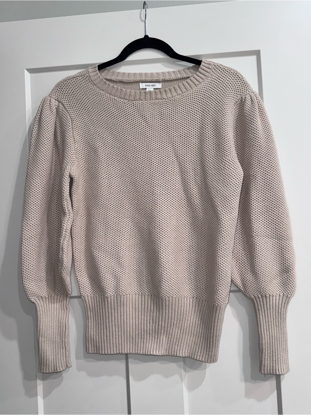 Nine West Light Beige Crewneck Sweater with Puff Shoulders